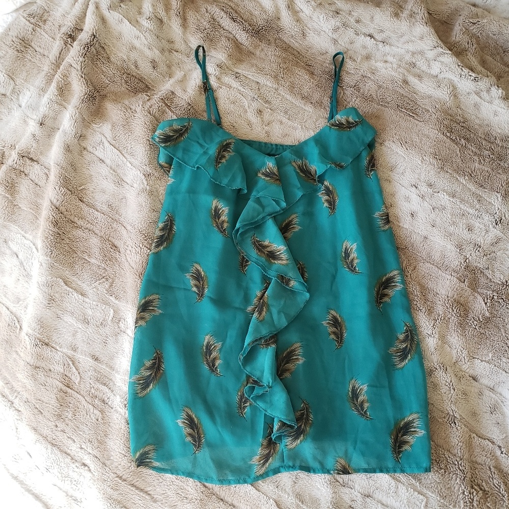 Lovely Teal & Feather Print Spaghetti Strap